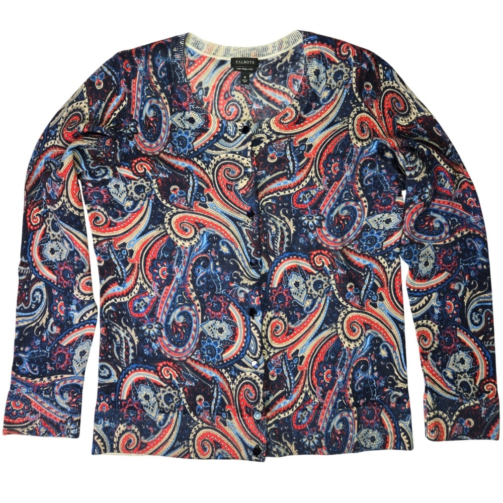 Talbots Pure Merino Wool Paisley Cardigan Sweater Navy Red Blue Womens Medium